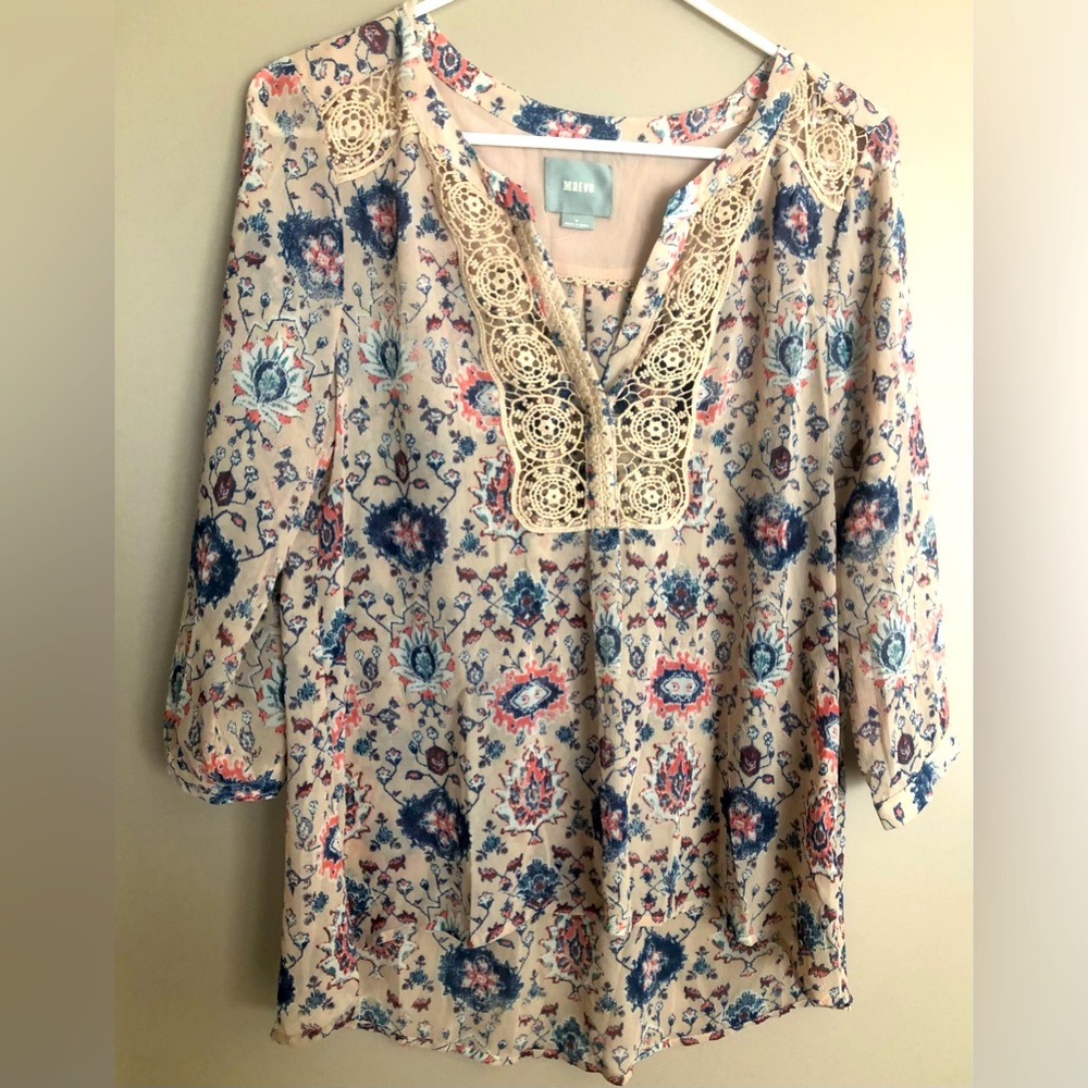 Anthropologie MAEVE Cute Lace Accented Floral Tunic Blouse Top  Size 4